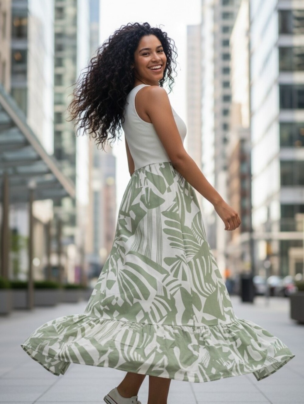 NwT/Nwot Sage Green Leaf-Print Sleeveless Maxi Dress Breezy Tiered Design